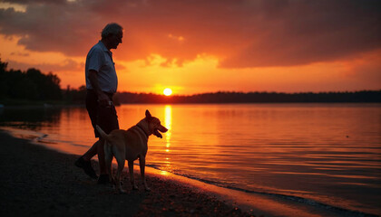 A serene lakeside walk at sunset with an elderly man and his dog, showcasing tranquility and companionship.