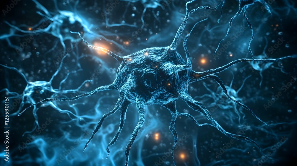 Poster Futuristic neural network with glowing synaptic connections and electric impulses representing the complex communication and information processing in the human brain and nervous system