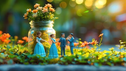Fototapeta premium Miniature figurines in a garden setting with a jar and flowers, evoking a whimsical scene.