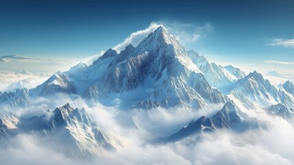 Obraz premium Snow-covered mountain peaks surrounded by clouds at sunrise in a stunning alpine landscape