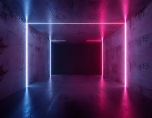 Sci Fi Futuristic Alien Tunnel Ship Corridor Underground Laser Purple Blue Neon Light Lines On Grunge Reflective Concrete Empty Space Background 3D Rendering