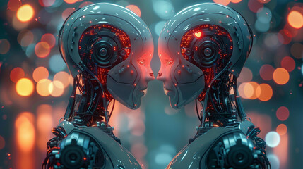 Two advanced robotic figures facing each other with glowing red circuits and heart in a dreamy bokeh background