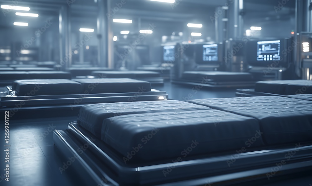 Poster a futuristic laboratory setting with rows of sleek, high-tech equipment and glowing screens, depicti