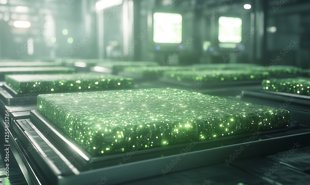 Poster a futuristic scene featuring glowing green panels in a high-tech environment, suggesting advanced te
