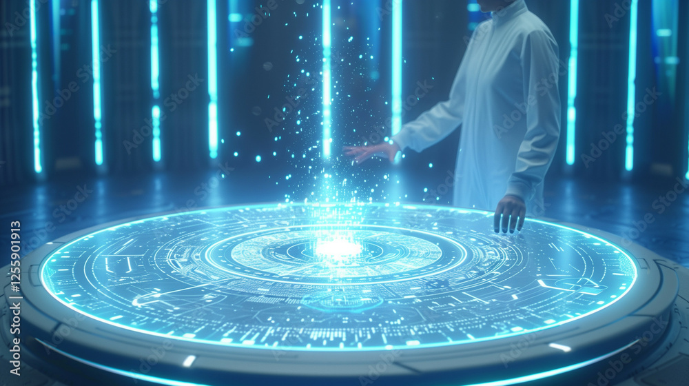 Wall mural a futuristic scene depicting a scientist interacting with a high-tech holographic interface in a sle
