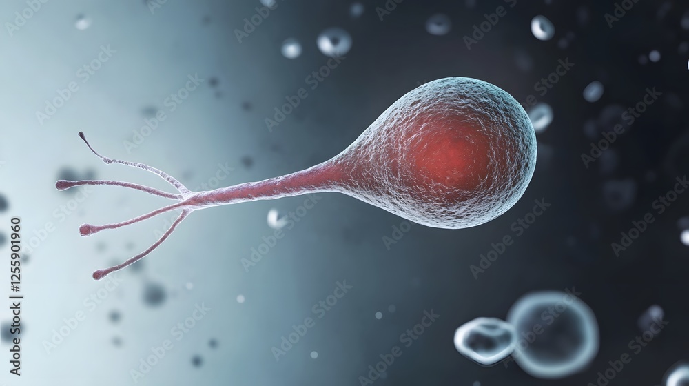 Poster glowing microscopic cell or organism floating in a futuristic surreal digital environment representi