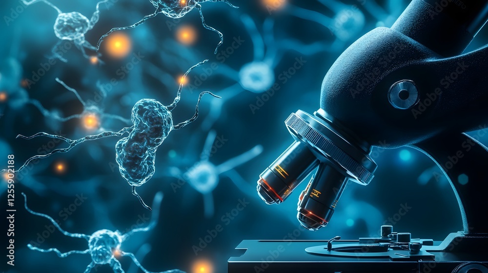 Poster Glowing molecular network structure viewed under a powerful scientific microscope in a laboratory setting representing research innovation and discovery in the fields of biology