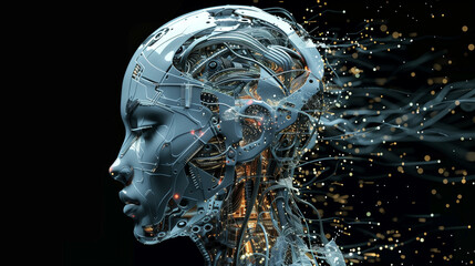 An intricate depiction of a female robot's head infused with futuristic technology and glowing elements