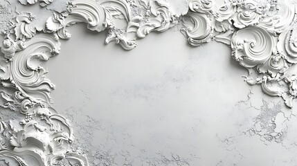 White plaster ornate swirls frame a textured background