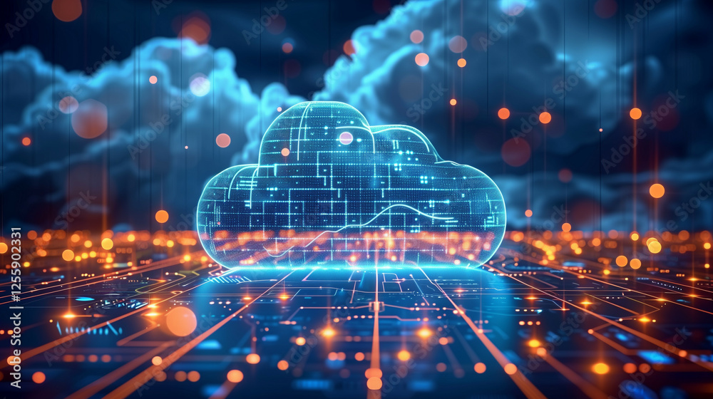 Wall mural futuristic digital technology concept with glowing cloud and circuit patterns in a cybernetic space 