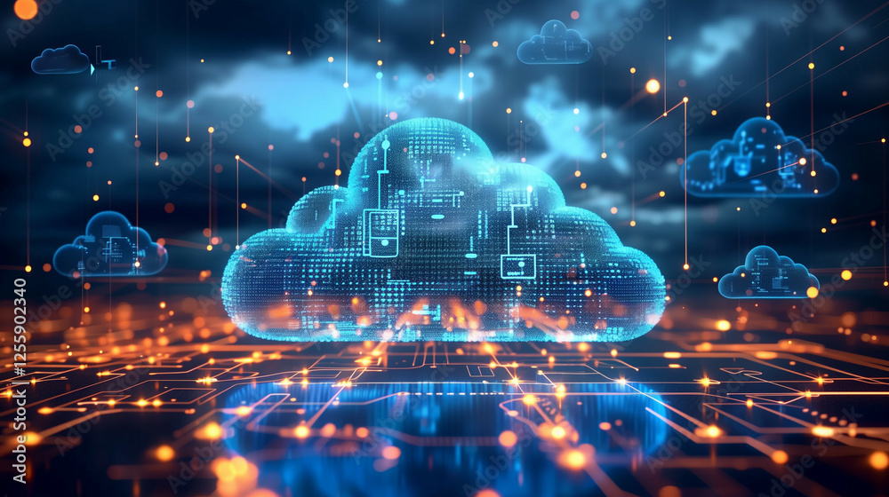 Wall mural futuristic digital technology concept with glowing cloud network over a circuit board background