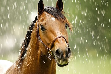 Chestnut horse in rain, green background, nature scene