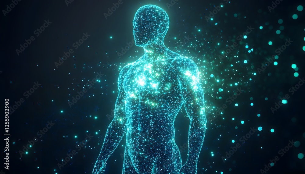 Poster futuristic human figure with glowing particles and abstract elements