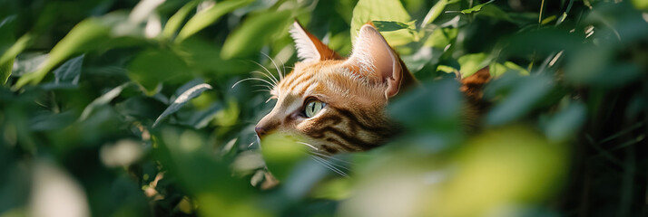Obraz premium Ginger Tabby Cat Partially Hidden in Green Foliage