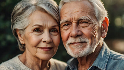 Elderly couple smiling outdoors representing love and companionship.