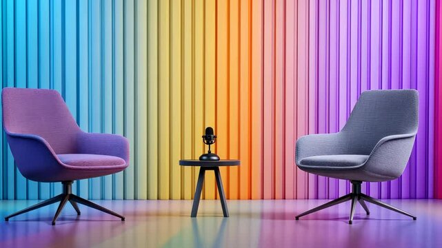 Professional podcast recording space featuring vintage microphone, empty chairs, vibrant neon lighting creating atmospheric creative workspace video 4k