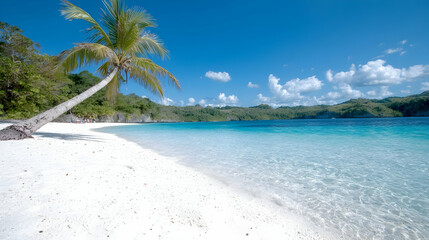Tropical beach, palm tree, clear water, sunny day, vacation paradise
