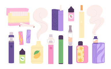 Vaping set. E-cigarettes, bottles with special liquid for smoking, vapes. Different accessories, bad habit and addiction. Electronic cigarette, racy vector set