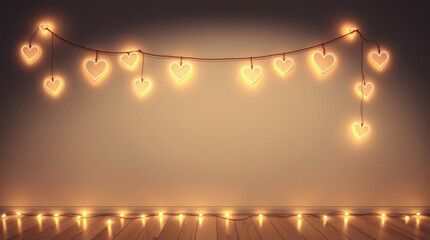  heart-shaped string lights on a wall with warm glow and floor decor. Volumetric lighting, precise architectural color photography,sky, night, light, sun, abstract, clouds, landscape, blue, bright, su