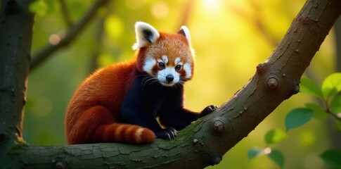 Red panda basking in sunlight, treetop habitat, adorable, photography, ginger
