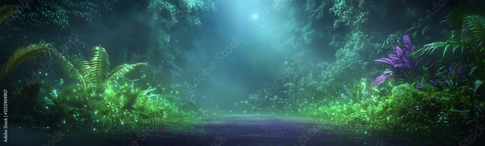 Poster a tranquil, misty forest scene illuminated by soft light, showcasing vibrant greenery and a hint of 