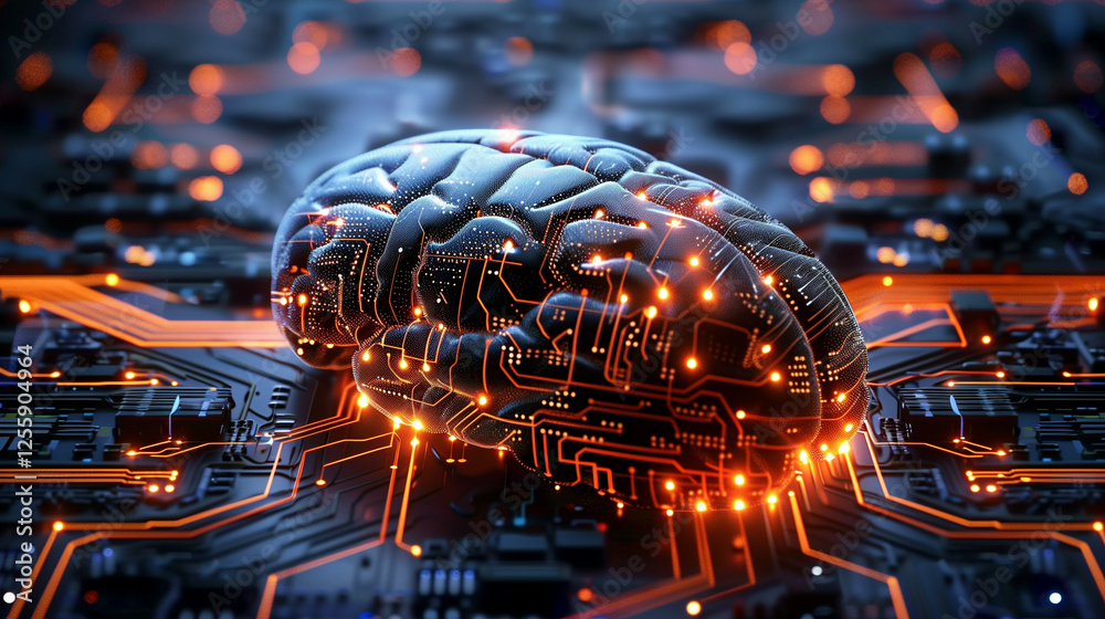 Wall mural conceptual representation of advanced technology with a human brain integrated into a high-tech circ