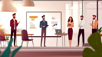 Obraz premium Business Team Meeting: Collaboration and Presentation in Modern Office