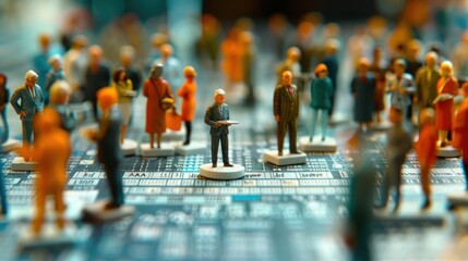 Obraz premium A miniature scene depicting diverse figures on a circuit board, symbolizing connectivity and community.