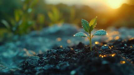 A small sprout pushing through the soil, surrounded by dew drops and soft morning light, symbolizing the first signs of life in nature