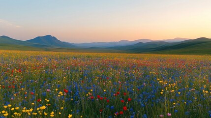 Fototapeta premium A wide-angle shot of a meadow with colorful wildflowers beginning to bloom under the soft morning light, symbolizing the awakening of the natural world.