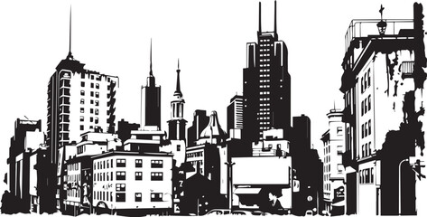 Obraz premium City landscape. Line urban backdrop. Different buildings on street, outline cityscape hand sketch, flat houses. Hand drawn vector illustration