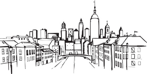 Obraz premium City landscape. Line urban backdrop. Different buildings on street, outline cityscape hand sketch, flat houses. Hand drawn vector illustration