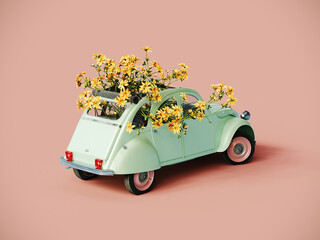 Old mint green retro car full of yellow spring flowers on pink background. Spring is here concept...