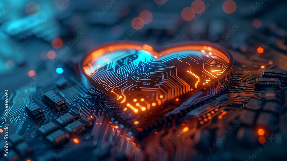 Canvas Prints digital love concept: a heart-shaped object on a complex electronic board illuminated with vibrant o
