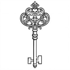 Line art symbol of a key with ornate details on a white background