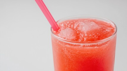 Refreshing Frozen Red Drink with Straw on a Clean White Background