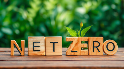 Net zero and carbon neutral concept. Net zero greenhouse gas emissions target. Climate neutral long term strategy with green net zero icons on Wooden blocks and ligth bulb for sustainable