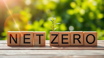 Net zero and carbon neutral concept. Net zero greenhouse gas emissions target. Climate neutral long term strategy with green net zero icons on Wooden blocks and ligth bulb for sustainable