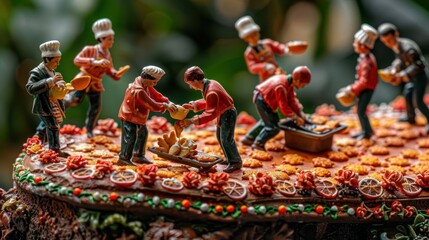 A festive scene with miniature bakers creating a decorative cake.