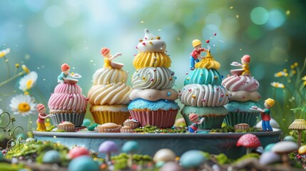 A whimsical scene featuring colorful cupcakes with tiny figures decorating them.