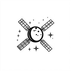 Fototapeta premium Line art symbol of a satellite orbiting Earth on a white background