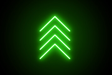 Neon arrow sign. Neon road symbol. Up arrow pointer. Green color arrow icon. Glowing indicate icon. Neon and glowing arrow icon.