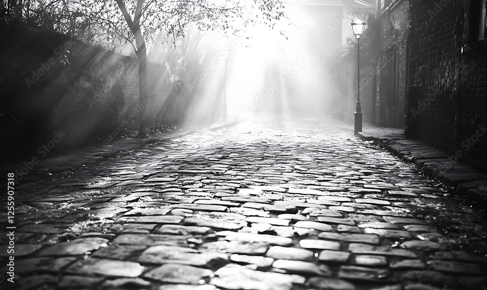 Poster A misty cobblestone street illuminated by soft light, creating a mysterious and serene atmosphere.