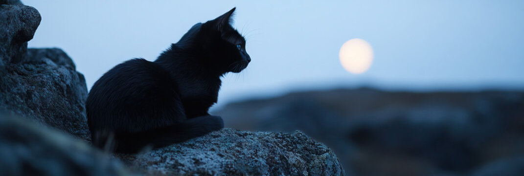 Black Cat on Rock with Moon in Background