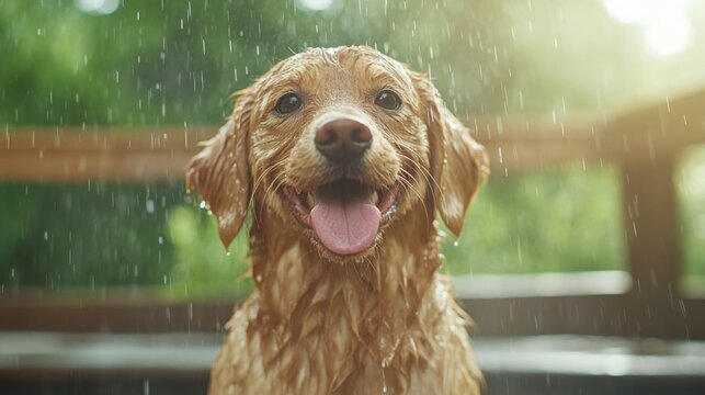 Joyful golden retriever playing in the rain backyard pet nature up-close happiness and playfulness captured