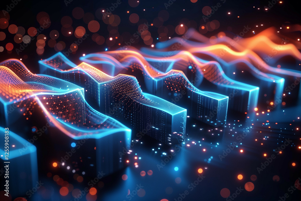 Wall mural dynamic visualization of digital data waves with glowing blue and orange particles