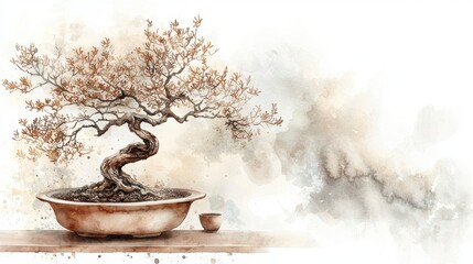 Artistic Representation of a Bonsai Tree in a Ceramic Pot with Earthy Tones and Soft Background