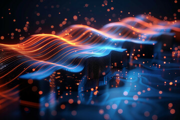 Obraz premium Abstract Futuristic Background with Vibrant Blue and Orange Waves Illuminating Digital Cityscape