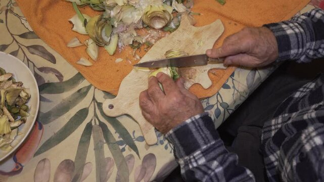 zenithal image of an old man's hands chopping alcarchofa on a wooden board in the shape of a pig, colourful vegetable in a vegetarian meal.