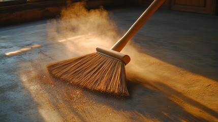 Broom sweeping dusty concrete floor, sunlight